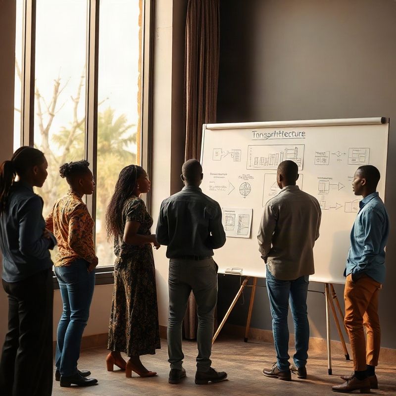 Diverse team around a whiteboard covered in transformation architecture diagrams