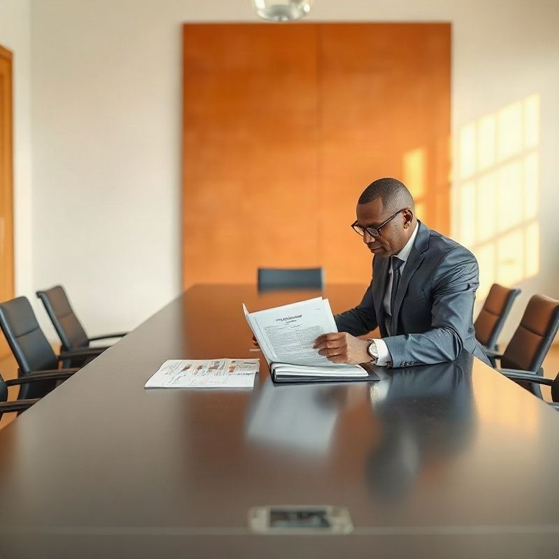 Senior executive reviewing an advisory report at a boardroom table in Kitale
