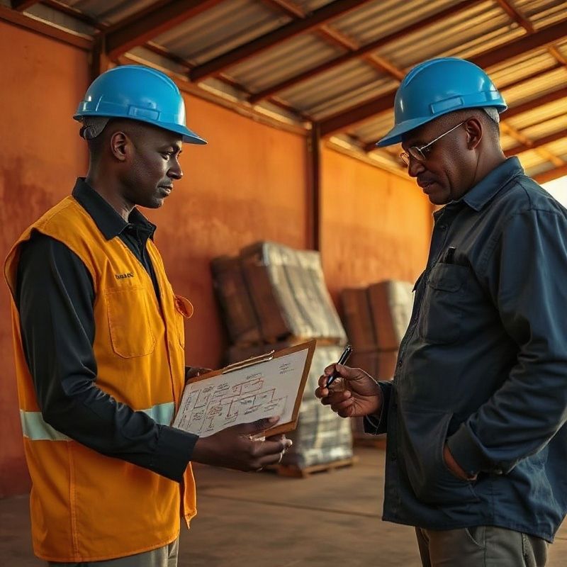 Workers reviewing a process flow chart in a Kenyan warehouse